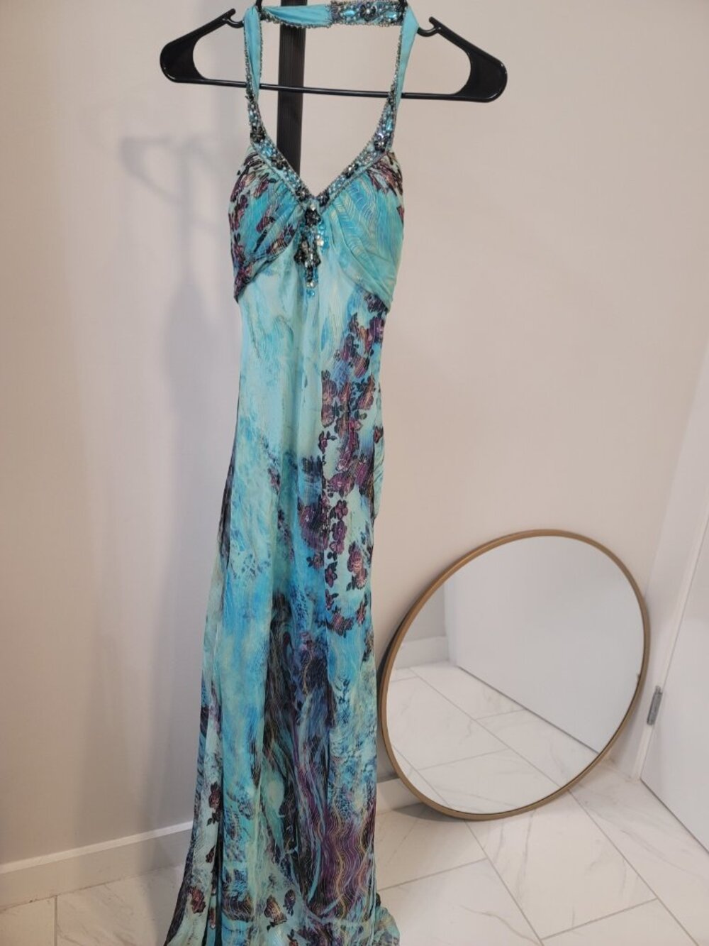 VTG Y2K Faviana Beaded Multicolor Satin full length Dress Size 4